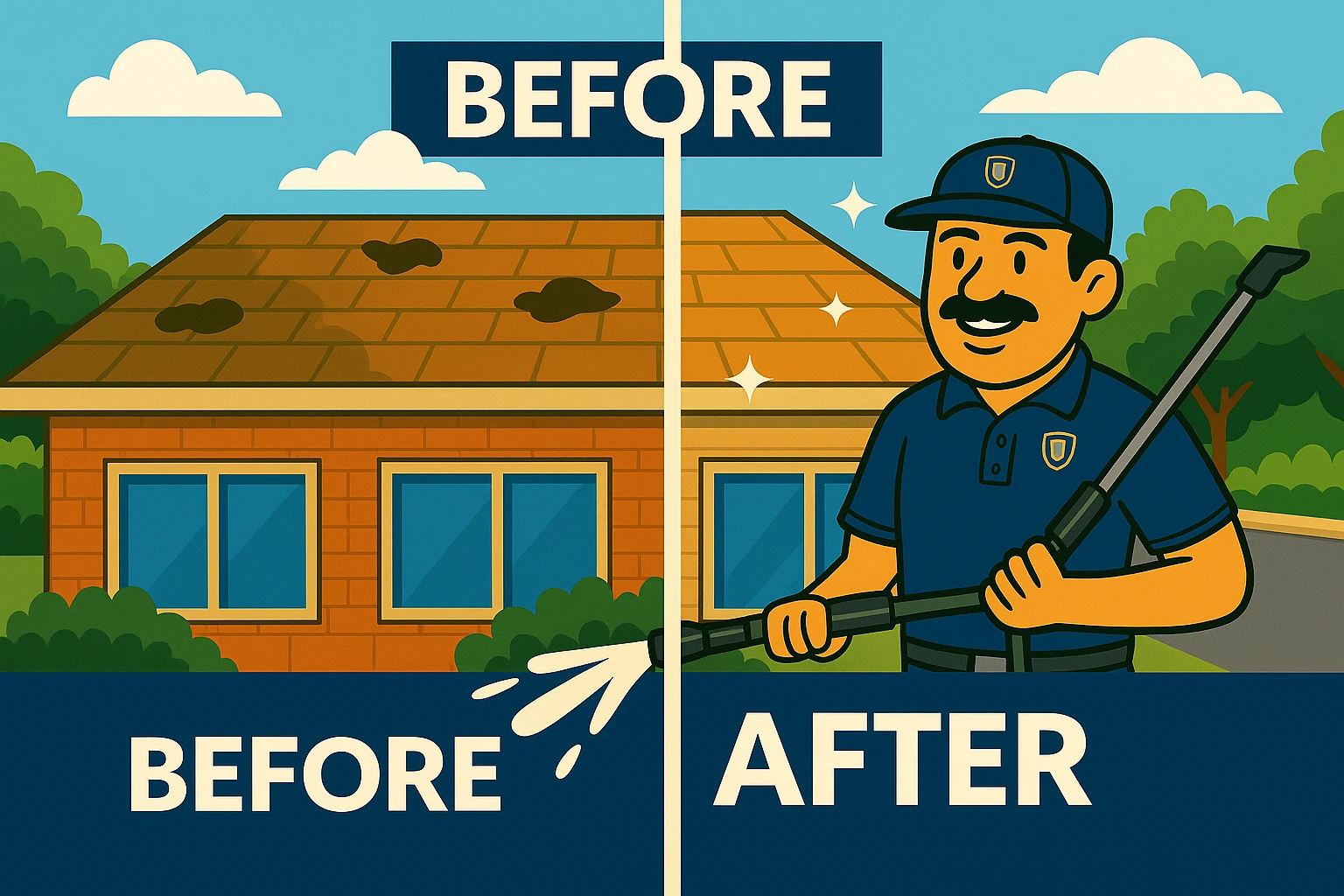 Building roof before and after Squeegeez soft wash